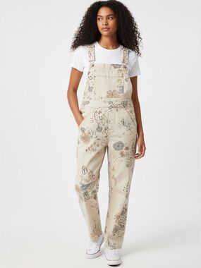 Free People We The Free Printed Overalls Doodle Denim Straight Leg XS
